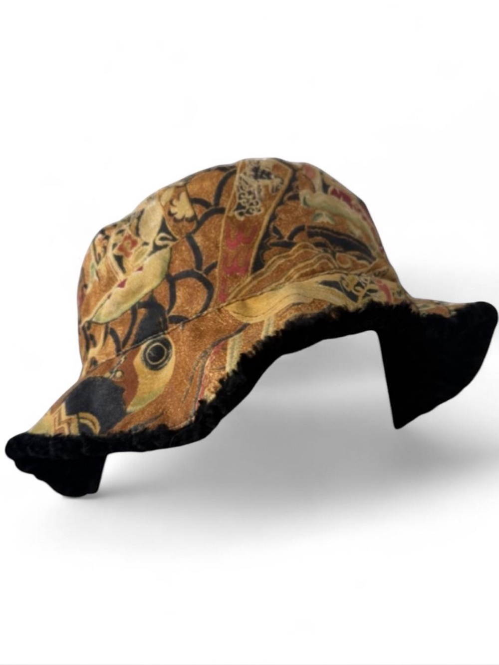 Chico’s Reversible Bucket Hat Face Motif Faux Curly Lamb Fur